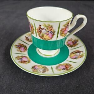 Vintage Dresden Design Sandizell Germany Tea Cup and Saucer Unique Green White